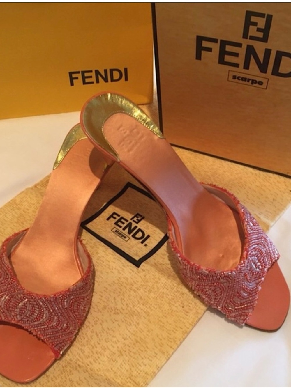 Fendi Pink Beaded Open-Toe Slide Sandals with Gold Accent